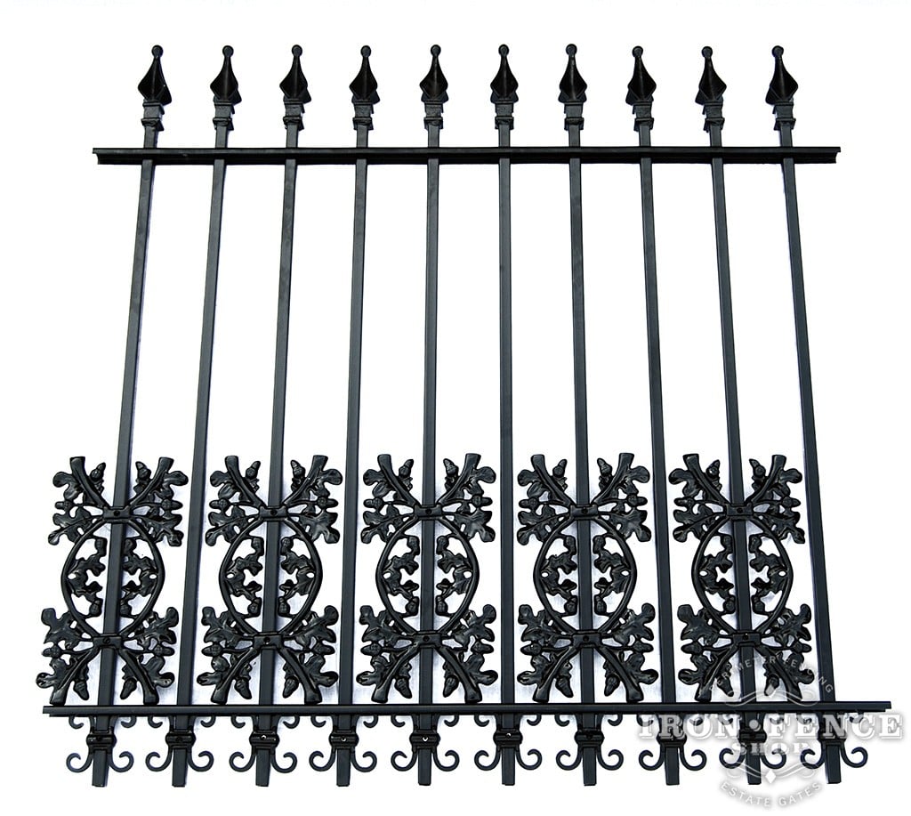 Oak and Butterfly Scroll Decorations as a Dog Barrier on a 4ft Tall Signature Iron Fence