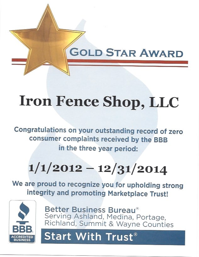 Iron Fence Shop - BBB Gold Star Award