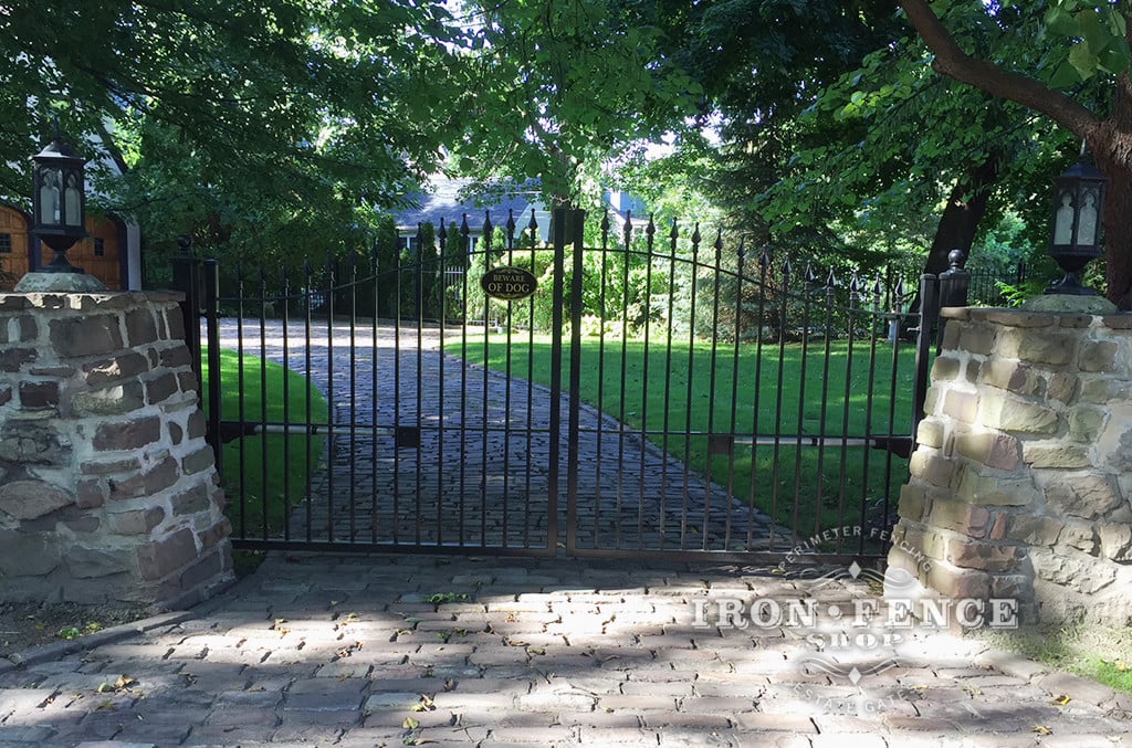 12ft Iron Driveway Gate with Automation Mounted on Posts  Behind Stone Columns. (5ft to 6ft Height)