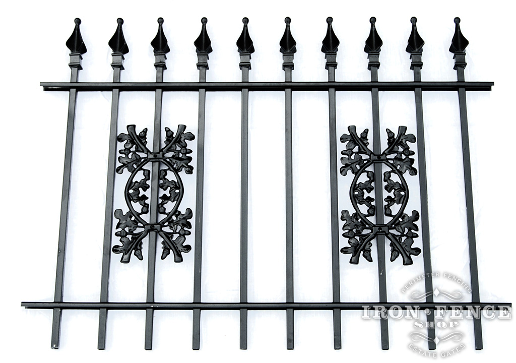 3 Foot Tall Classic Style Signature Grade Wrought Iron Fence with Oak Add-on Decorations