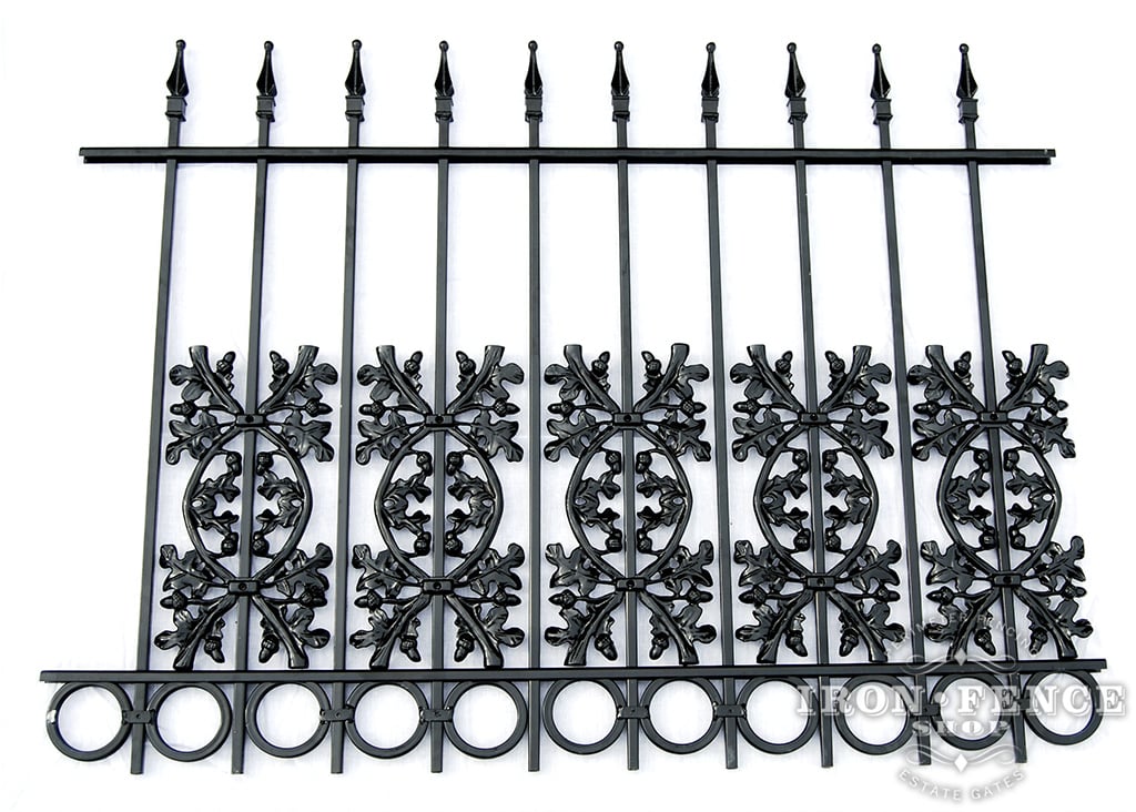 3 Foot Tall Traditional Grade Wrought Iron Fence with Add-On Oak and Ring Decorations Acting as Puppy Pickets