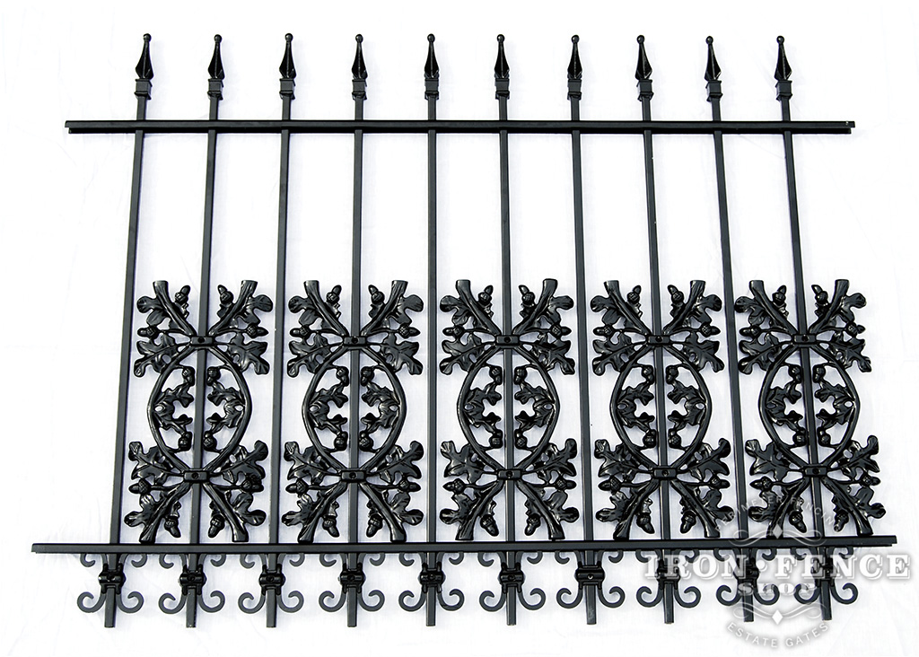 3 Foot Tall Traditional Grade Iron Fence with Add-On Oak and Butterfly Decorations Acting as Puppy Pickets