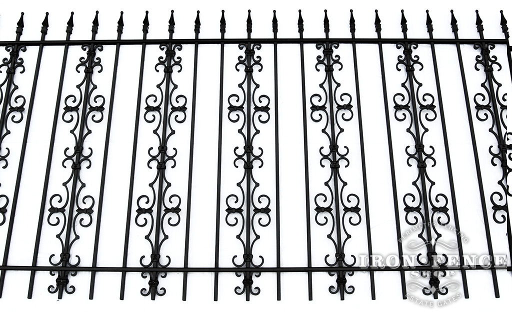 4ft Tall Wrought Iron Fence in Traditional Grade with Two Stacked Rows of Guardian and Butterfly Add-on Decorations