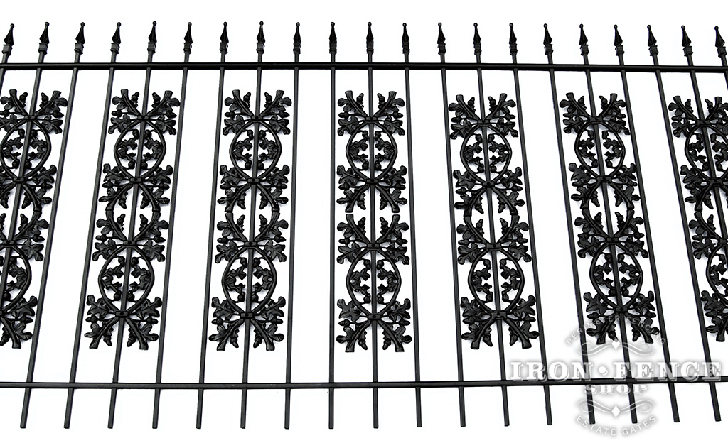 4ft Tall Wrought Iron Fence in Traditional Grade with Two Stacked Rows of Oak Add-on Decorations