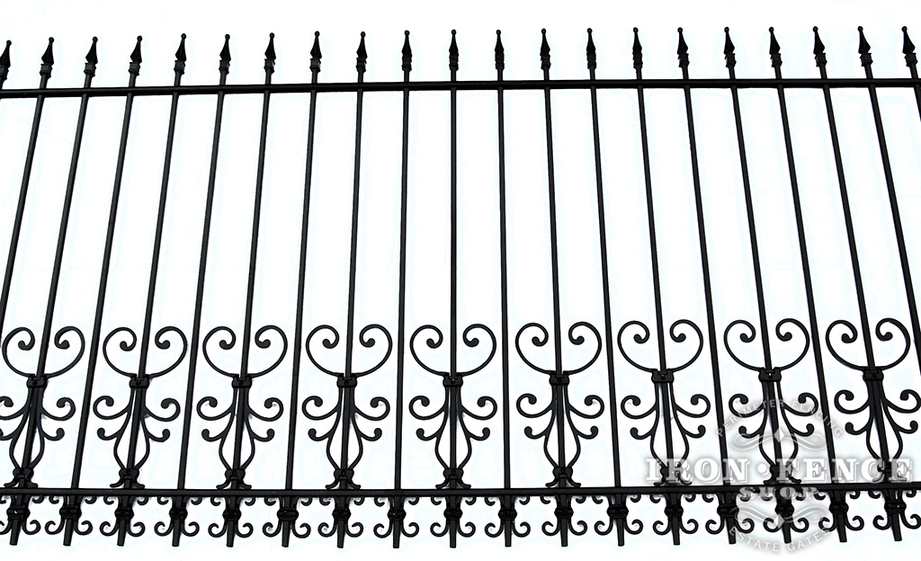 4ft Tall Wrought Iron Fence in Traditional Grade Using Cape Cod and Butterfly Add-on Decorations as Puppy Pickets