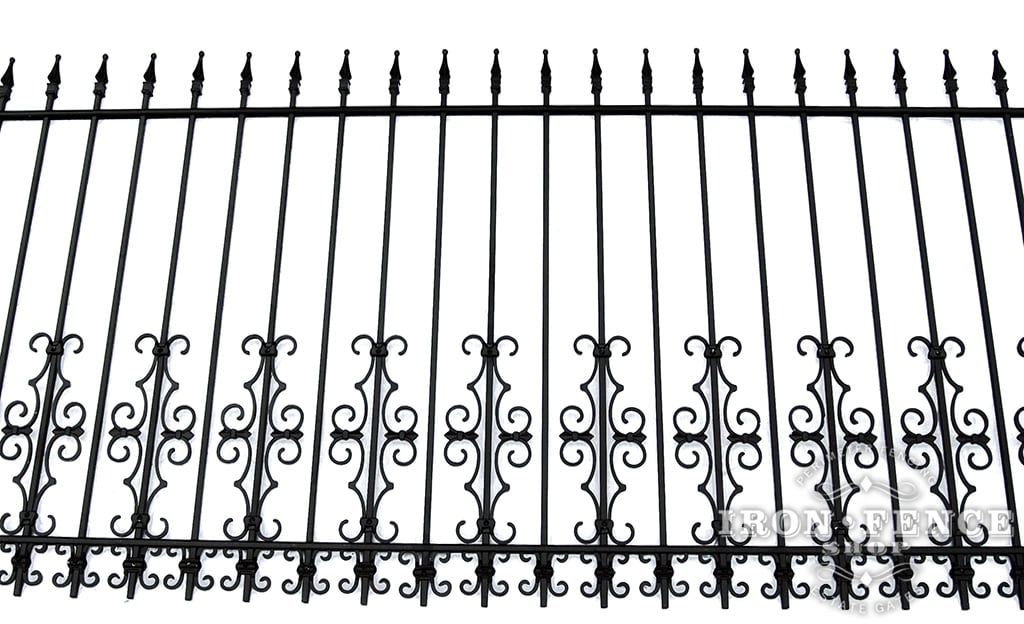 4ft Tall Wrought Iron Fence in Traditional Grade Using Guardian and Butterfly Add-on Decorations as Puppy Pickets