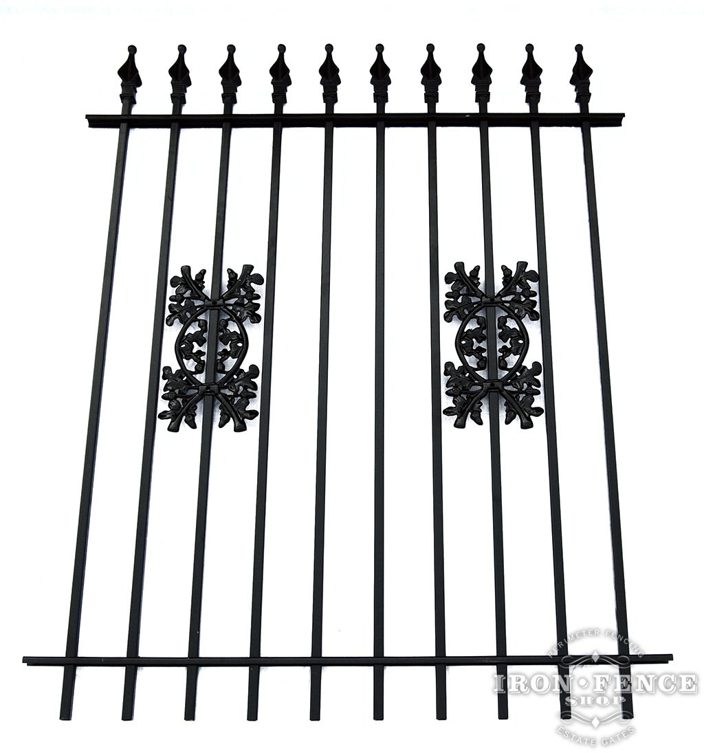 5 Foot Tall Classic Style Signature Grade Wrought Iron Fence with Oak Add-on Decorations