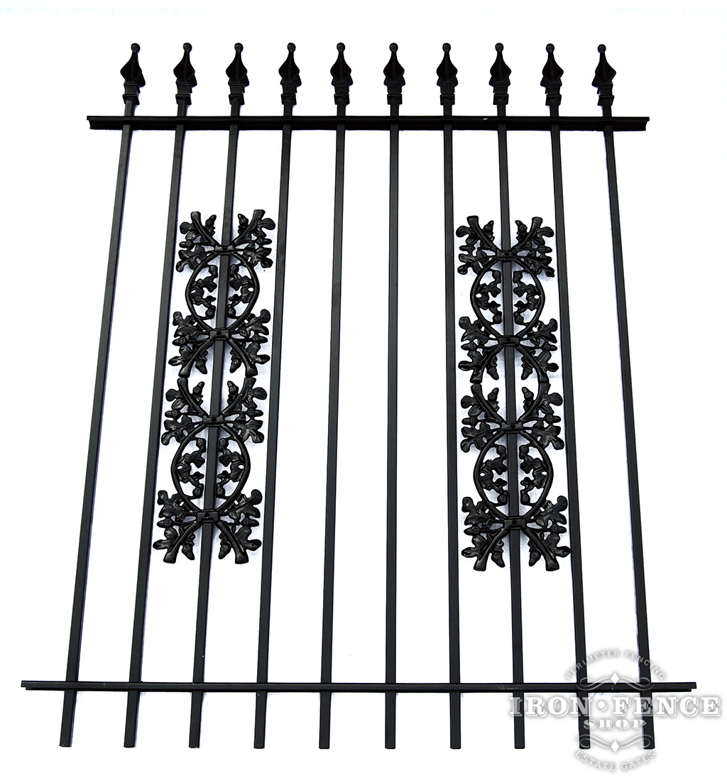 5 Foot Tall Classic Style Signature Grade Wrought Iron Fence with Stacked Oak Add-on Decorations