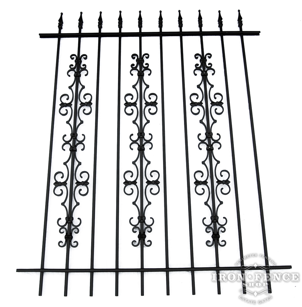 5ft Tall Wrought Iron Fence in Traditional Grade with Stacked Guardian And Butterfly Add-on Decorations