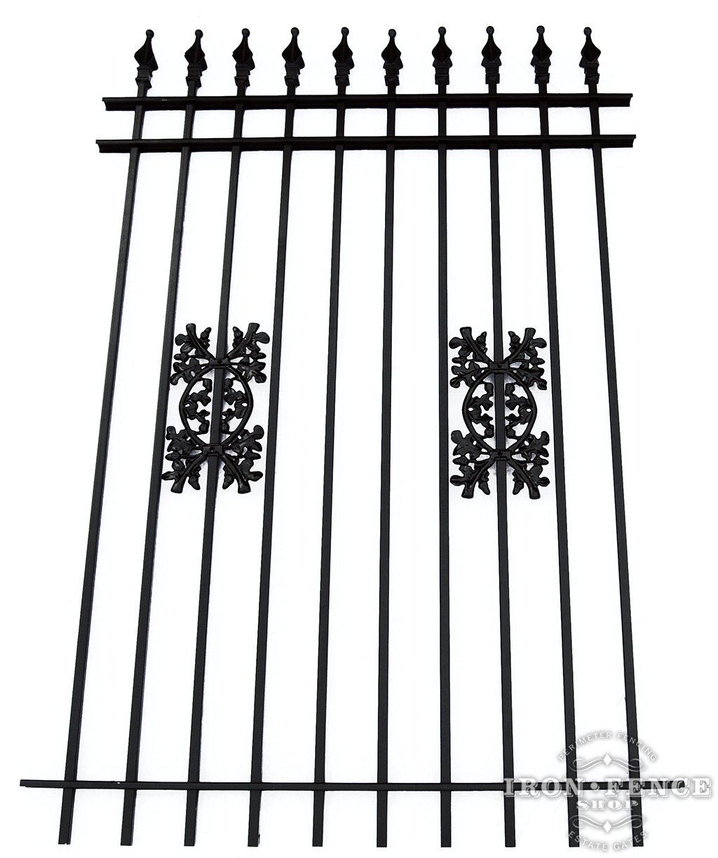 6 Foot Tall Classic Style Signature Grade Wrought Iron Fence with Oak Add-on Decorations