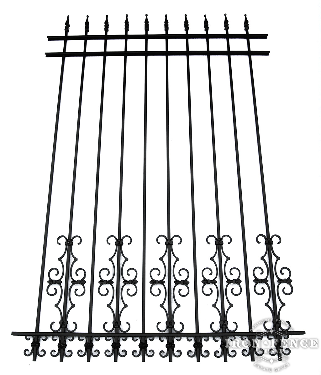 6ft Tall Classic Style Wrought Iron Fence in Traditional Grade with Guardian and Butterfly Add-On Decorations Acting as a Puppy Picket Dog Barrier